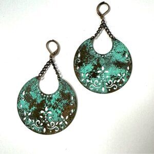 Boho Turquoise Verdigris Crescent Moon Earrings
